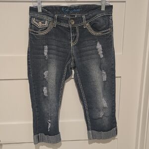 Dark Blue Distressed Denim Y2K Capris